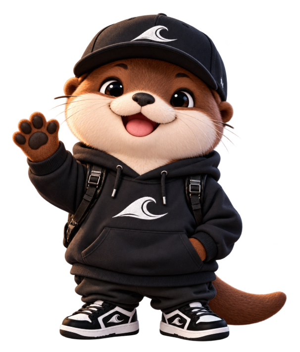 黒いAZRキャップとパーカーのカワウソが手を振る