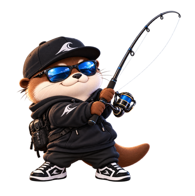 青いサングラスをかけて釣り竿をキャストするAZRカワウソ