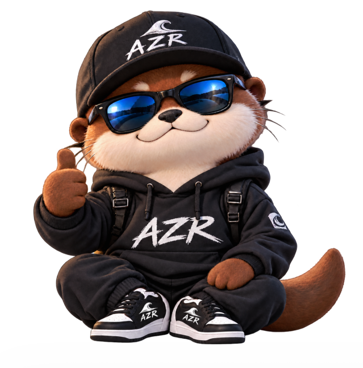 座ってサムズアップする青いサングラスのAZRカワウソ