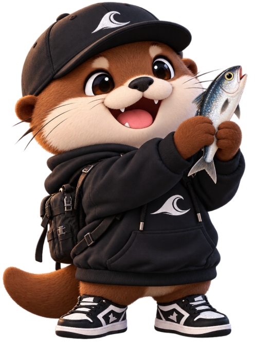 黒いAZRキャップとパーカーのカワウソが釣った魚を手にして喜ぶ
